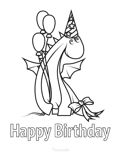 Happy Birthday Coloring Pages Dragon Balloons Party Hat