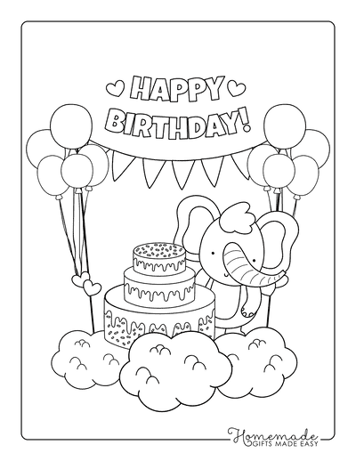Happy Birthday Coloring Pages Elephant Cake Balloons Bunting