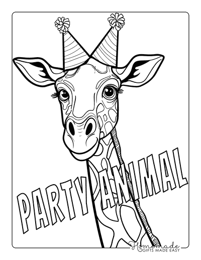 Happy Birthday Coloring Pages Giraffe Wearing Party Hats Party Animal