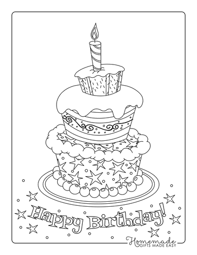Happy Birthday Coloring Pages Layered Cake Candle