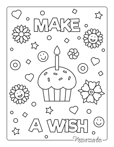 Happy Birthday Coloring Pages Make a Wish Cupcake Flowers Hearts