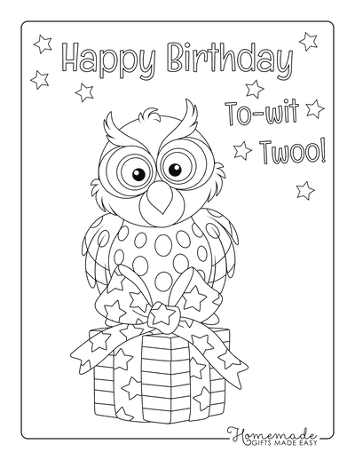 Happy Birthday Coloring Pages Owl Wrapped Gift