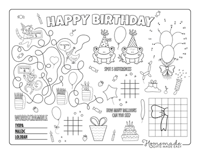 Happy Birthday Coloring Pages Party Placemat Puzzle Activity Sheet