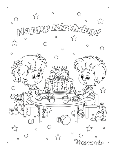 Happy Birthday Coloring Pages Tea Party Girl Boy Cake