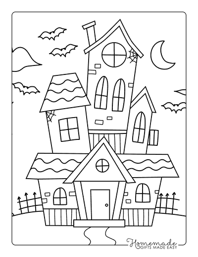 Haunted House Coloring Pages Cute Simple Haunted House With Bats and Crescent Moon