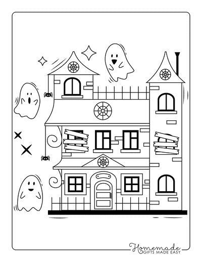 Haunted House Coloring Pages Cute Simple Haunted House With Cute Ghosts for Kids