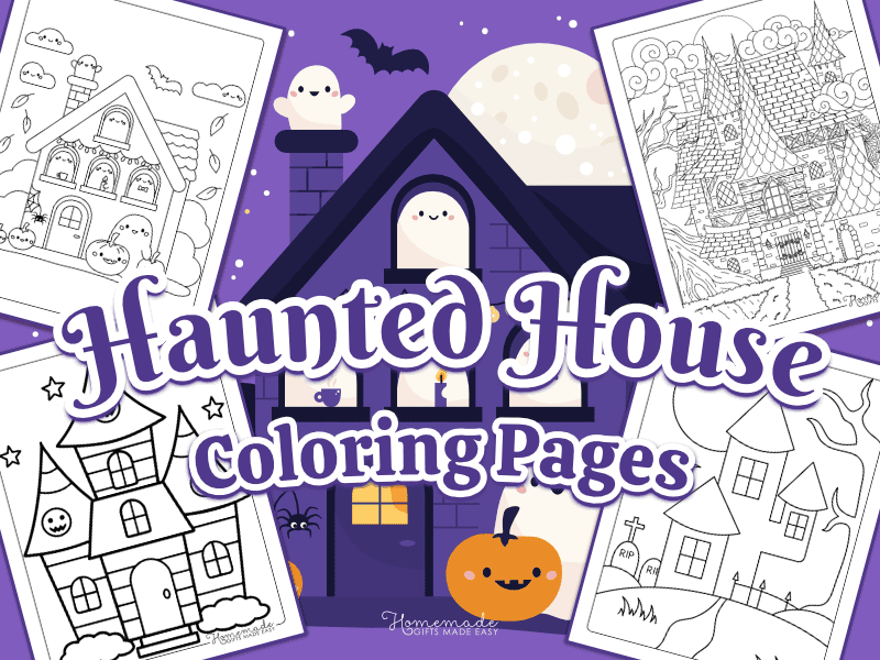 Free printable simple, cute, and realistic haunted house coloring pages for kids and adults