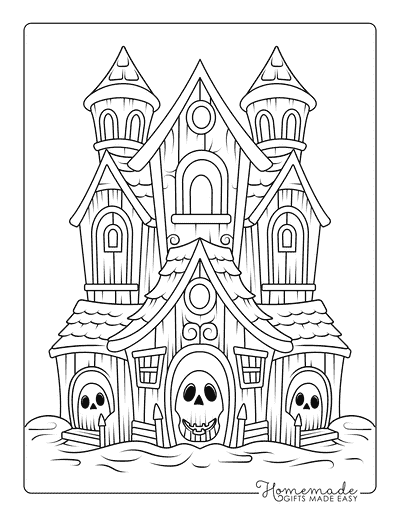 Haunted House Coloring Pages Simple Haunted House With Spooky Skull and Ghosts