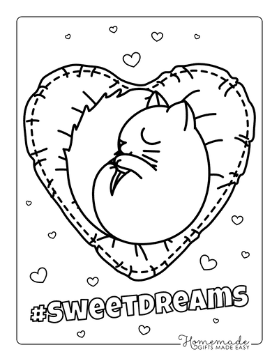 Heart Coloring Pages Cute Cat on Heart Cushion