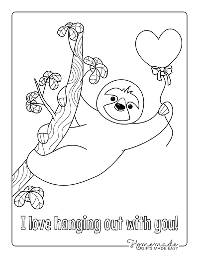 Heart Coloring Pages Cute Sloth Heart Balloon