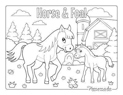 Horse Coloring Pages Cartoon Cute Mother Foal Farmyard