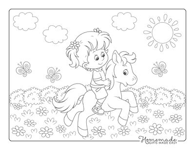 Horse Coloring Pages Cartoon Girl Riding Pony Flowers