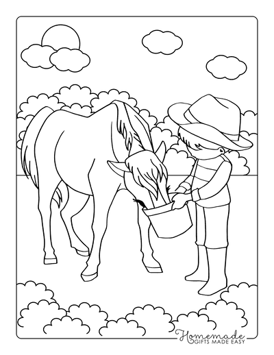 Horse Coloring Pages Child Feeding Horse Bucket