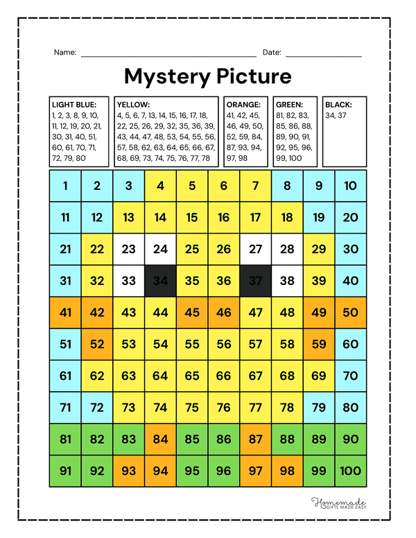 Hundreds Chart Mystery Picture Hundreds Chart Coloring for Kids Filled