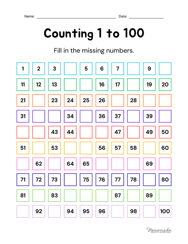 Hundreds Chart Rainbow Fill the Missing Numbers 100s Chart for Kids