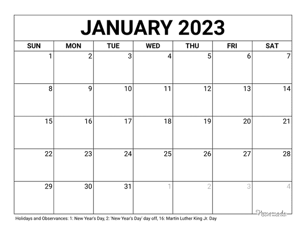 Printable January 2023 Calendar Classic Blank Sheet Riset