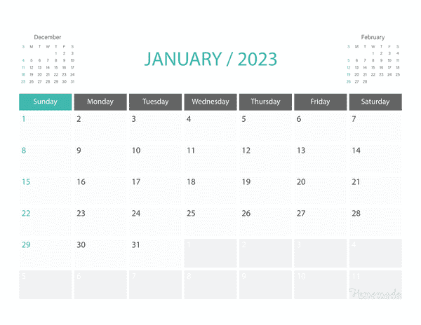 january Calendar 2023 Printable Corporate Landscape