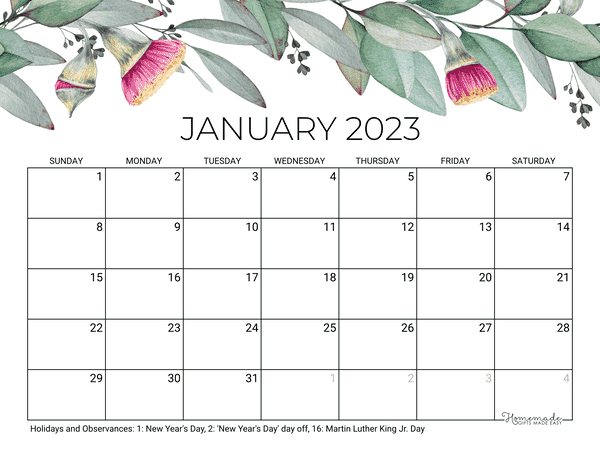 january Calendar 2023 Printable Eucalyptus