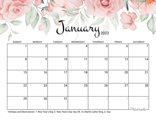 January Calendar 2023 Printable Rose