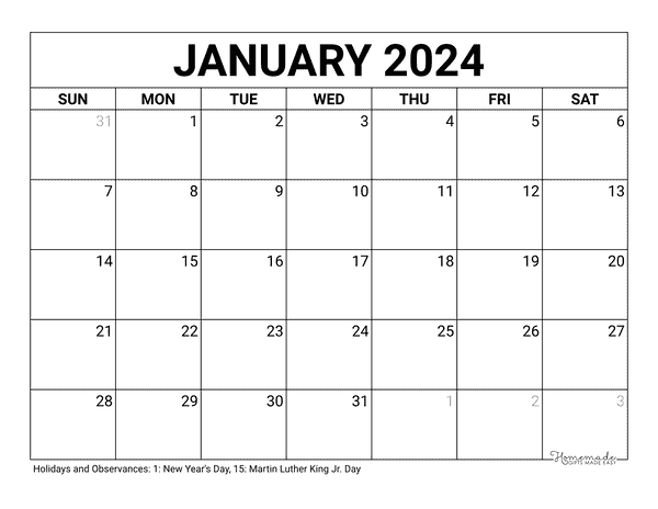 January 2024 Calendar Free Printable With Holidays