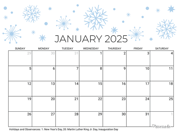 January 2025 Calendar Printable with Holidays
