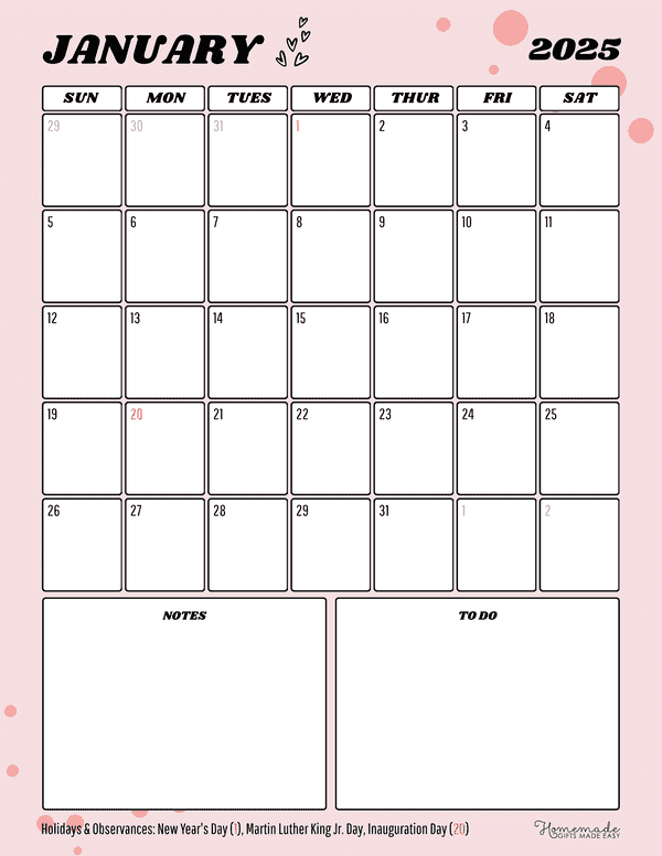 January 2025 Calendar Printable with Holidays