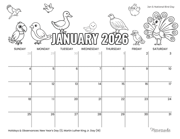 January Calendar 2026 Birds to Color