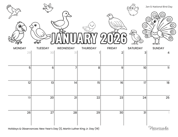 January Calendar 2026 Birds to Color Monday Start