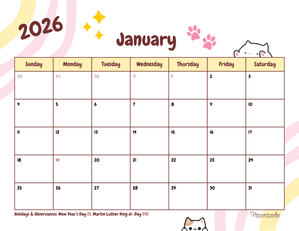 January Calendar 2026 Cute Playful Cats