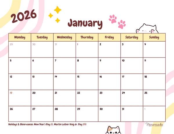 January Calendar 2026 Cute Playful Cats Monday Start
