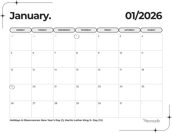 January Calendar 2026 Elegant Minimalist Monday Start