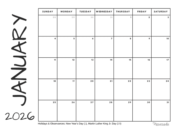 January Calendar 2026 Minimalist Journal
