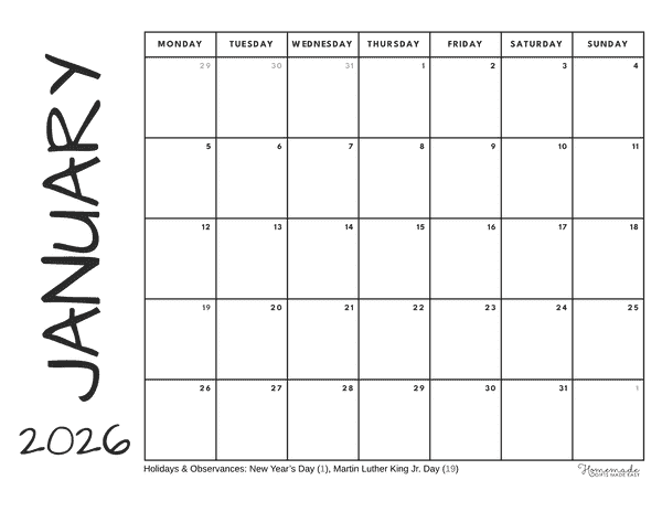 January Calendar 2026 Minimalist Journal Monday Start
