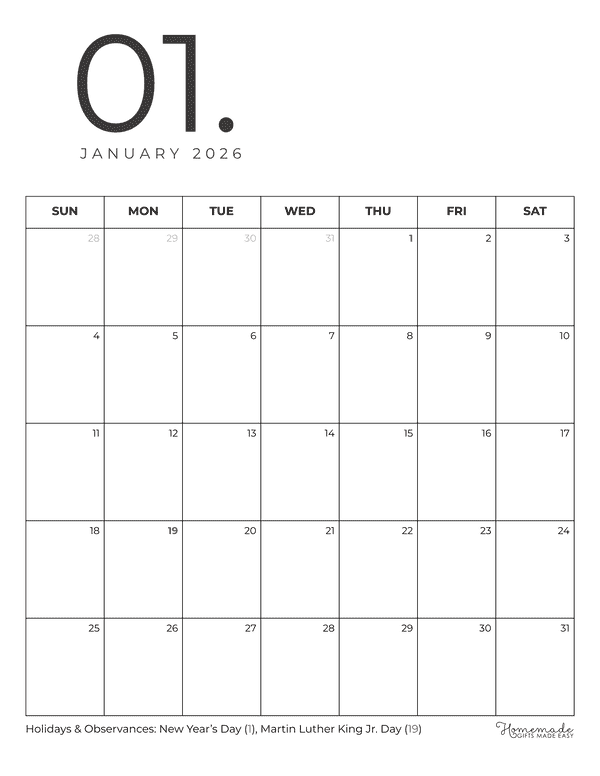 January Calendar 2026 Minimalist Portrait
