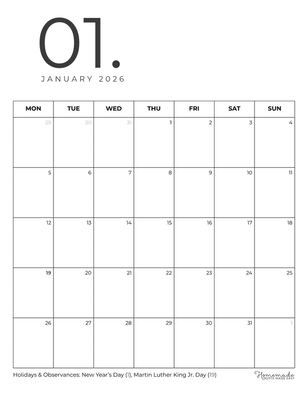 January Calendar 2026 Minimalist Portrait Monday Start