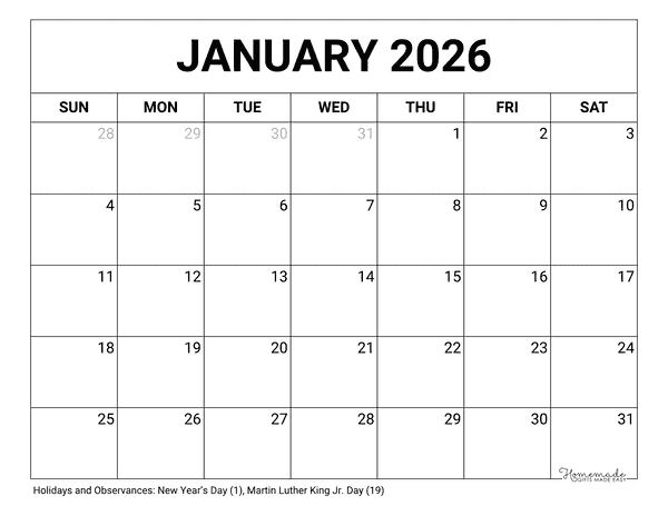 January Calendar 2026 Printable Blank