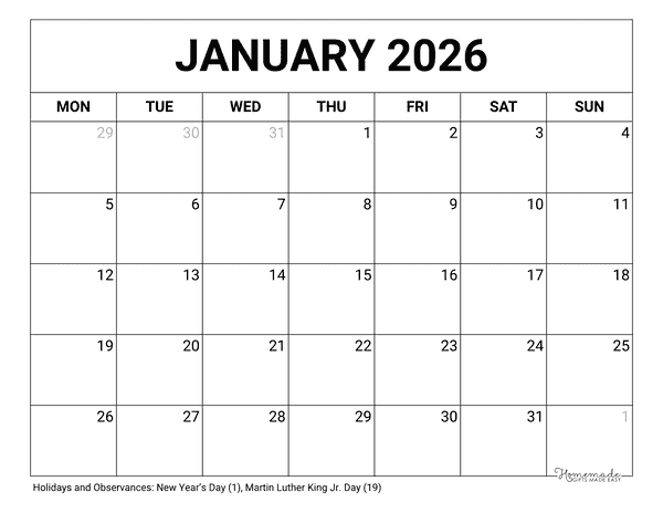 January Calendar 2026 Printable Blank Monday Start