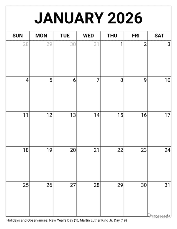 January Calendar 2026 Printable Blank Portrait
