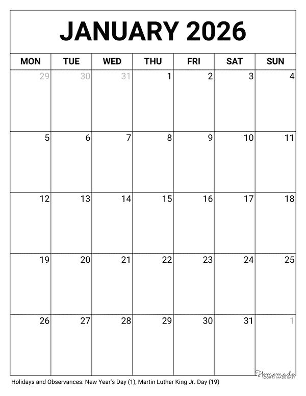 January Calendar 2026 Printable Blank Portrait Monday Start