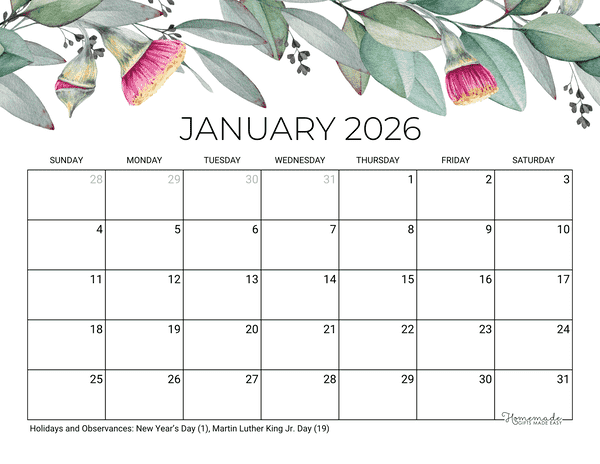 January Calendar 2026 Printable Eucalyptus
