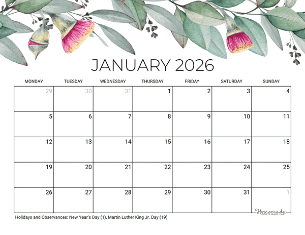January Calendar 2026 Printable Eucalyptus Monday Start