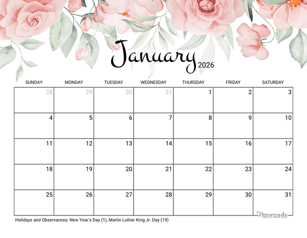 January Calendar 2026 Printable Rose
