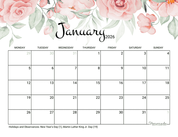 January Calendar 2026 Printable Rose Monday Start
