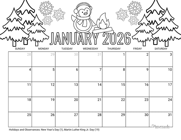January Calendar 2026 Printable Winter Penguin to Color
