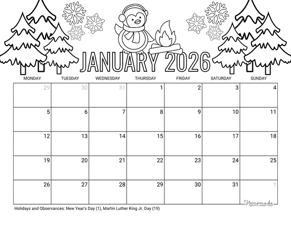 January Calendar 2026 Printable Winter Penguin to Color Monday Start