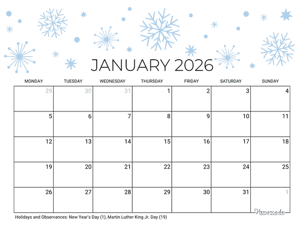 January Calendar 2026 Printable Winter Snowflakes Landscape Monday Start