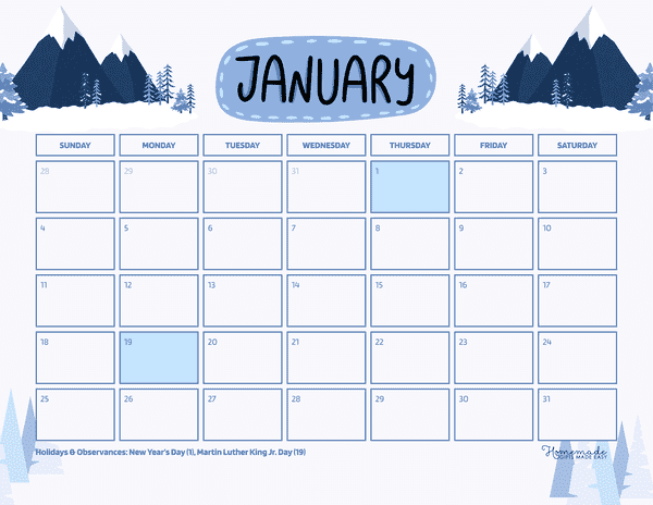January Calendar 2026 Simple Blue Winter Mountains