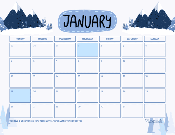 January Calendar 2026 Simple Blue Winter Mountains Monday Start