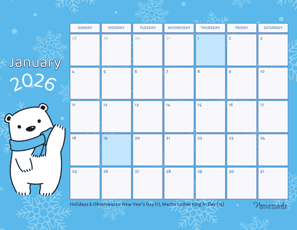 January Calendar 2026 Simple Cute Polar Bear