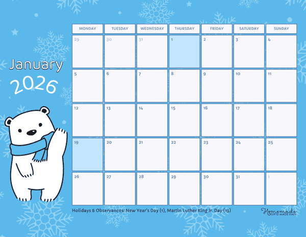 January Calendar 2026 Simple Cute Polar Bear Monday Start